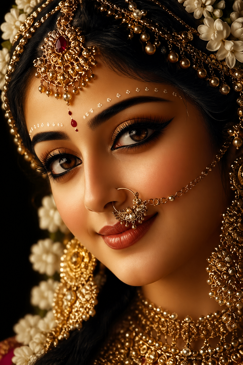 Hyper-detailed Radha Rani face portrait with golden divine glow ornate jewelry and gentle smile — HD wallpaper